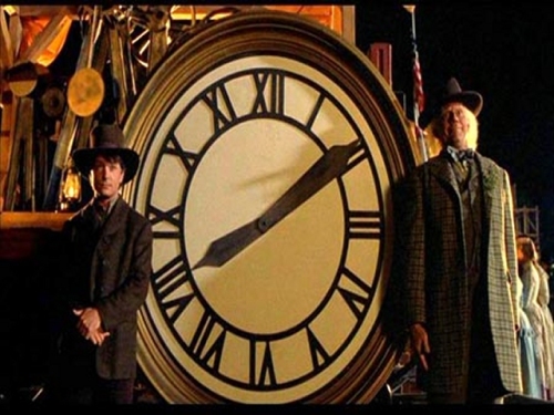 A poignant moment in Back to the Future Part III with Marty and Doc posing for a picture in front of a clock that will go on to have a great meaning for the two.