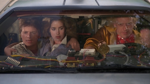 The famous scene at the end of Back to the Future that sent our heroes into the future. Jennifer Parker, portrayed here by Claudia Wells, would be replaced in the sequels by Elizabeth Shue. 
