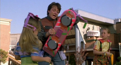 Marty McFly grabs the infamous hoverboard, sending a generation of boys to the stores looking for their own.